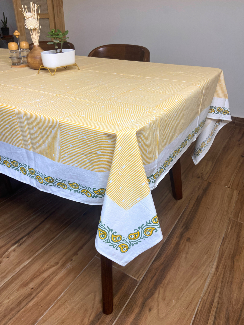 100% Cotton Block Print Table Cloth for 6 seater dining - Hatched Pattern Mustard