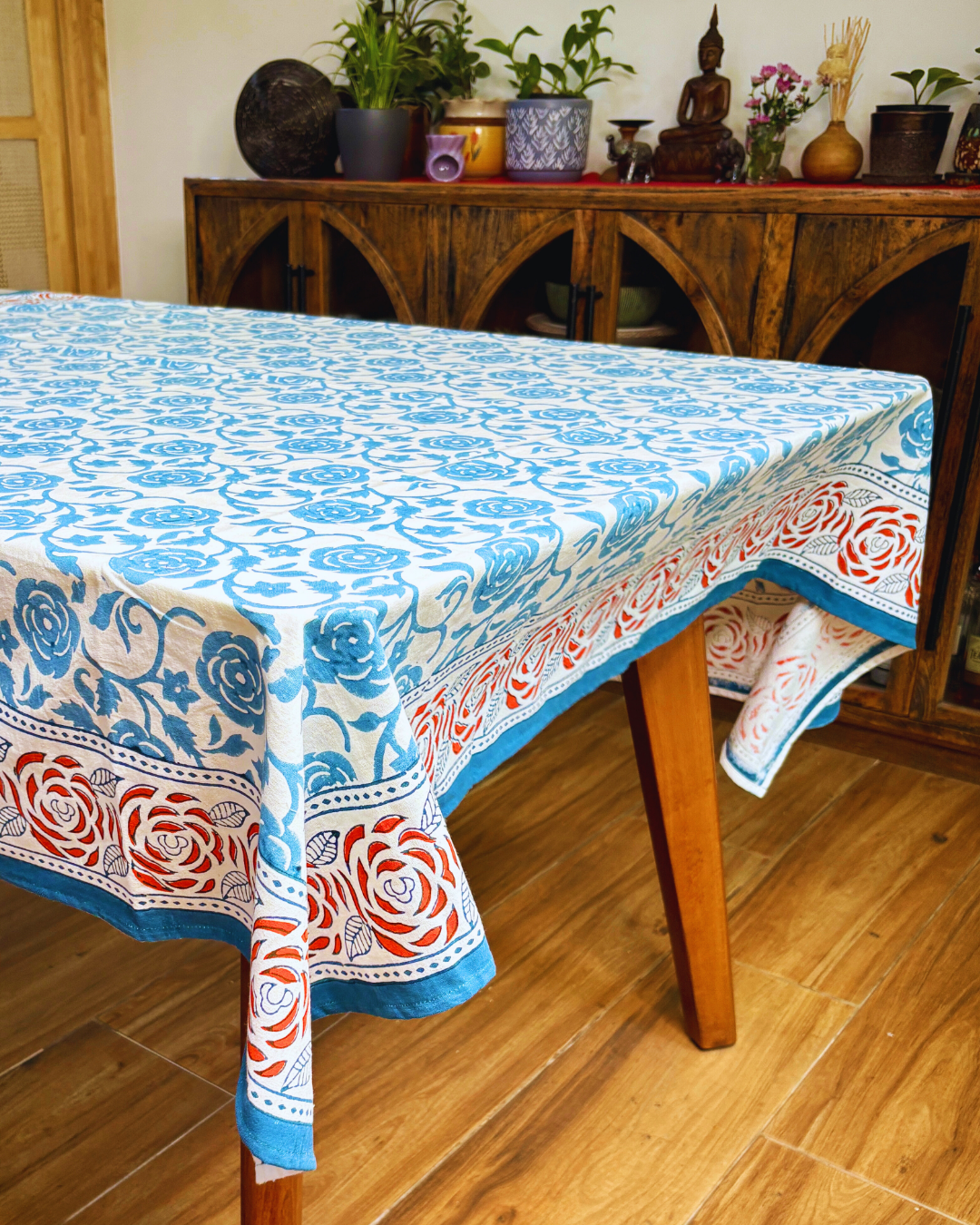100% Cotton Table Cover for Square Dining Table, Printed Table Cloth for Dining/Center Table, for Upto 4 ft x 4 ft Table (Powder Blue Rose, 60" x 60" - Square)