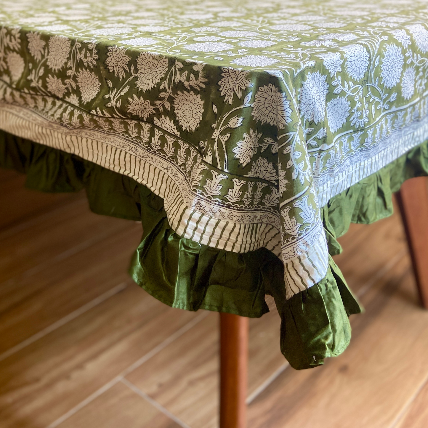 100% Cotton Block Print Table Cloth for 6 or 8 seater dining - Green Jaipuri Print with Dark Green Frills