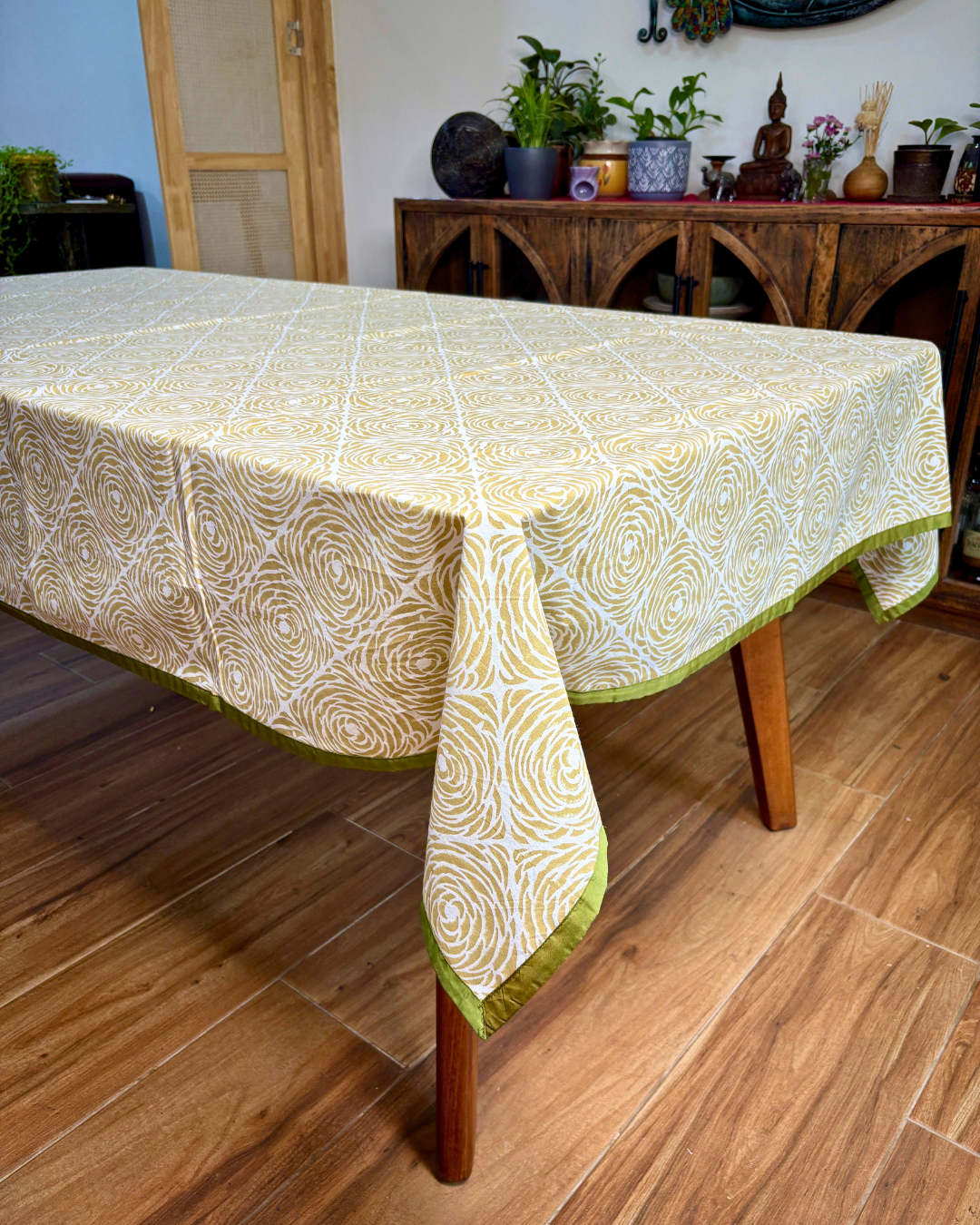 100% Cotton Block Print Table Cloth for 6 -8 seater dining (5ft - 6ft) - Big Rose