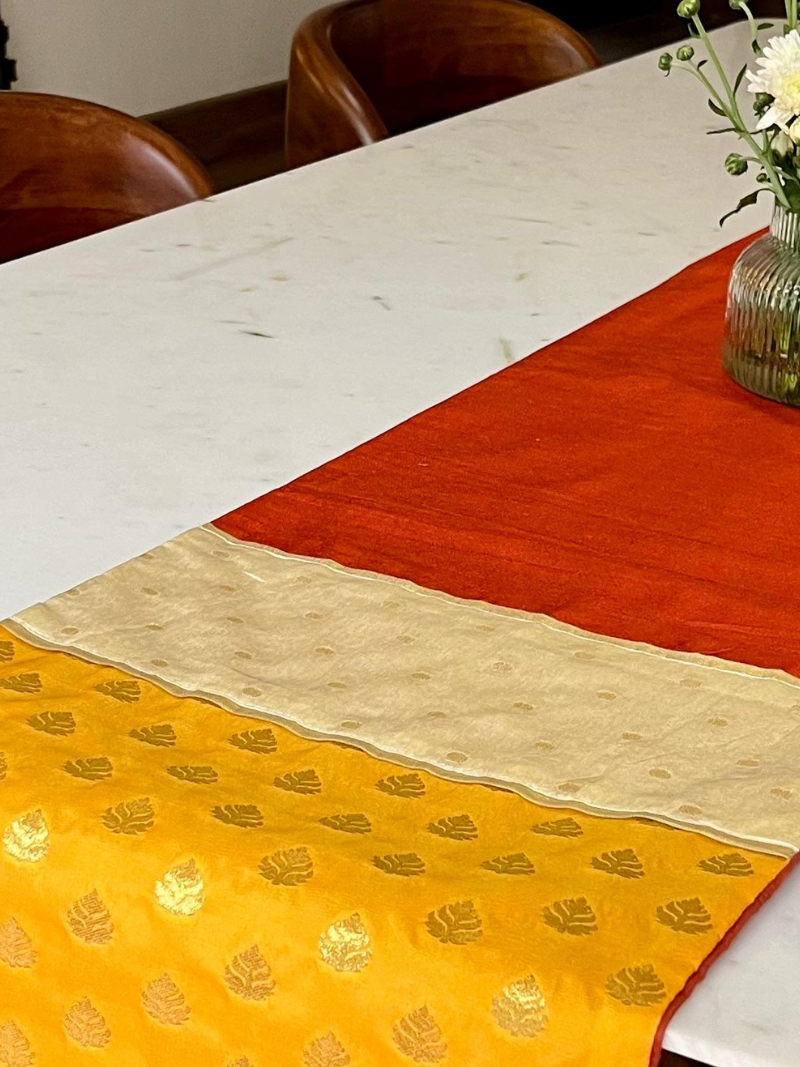 Festive Table Runner for 6 or 8 seater dining - Rust with Yellow Border