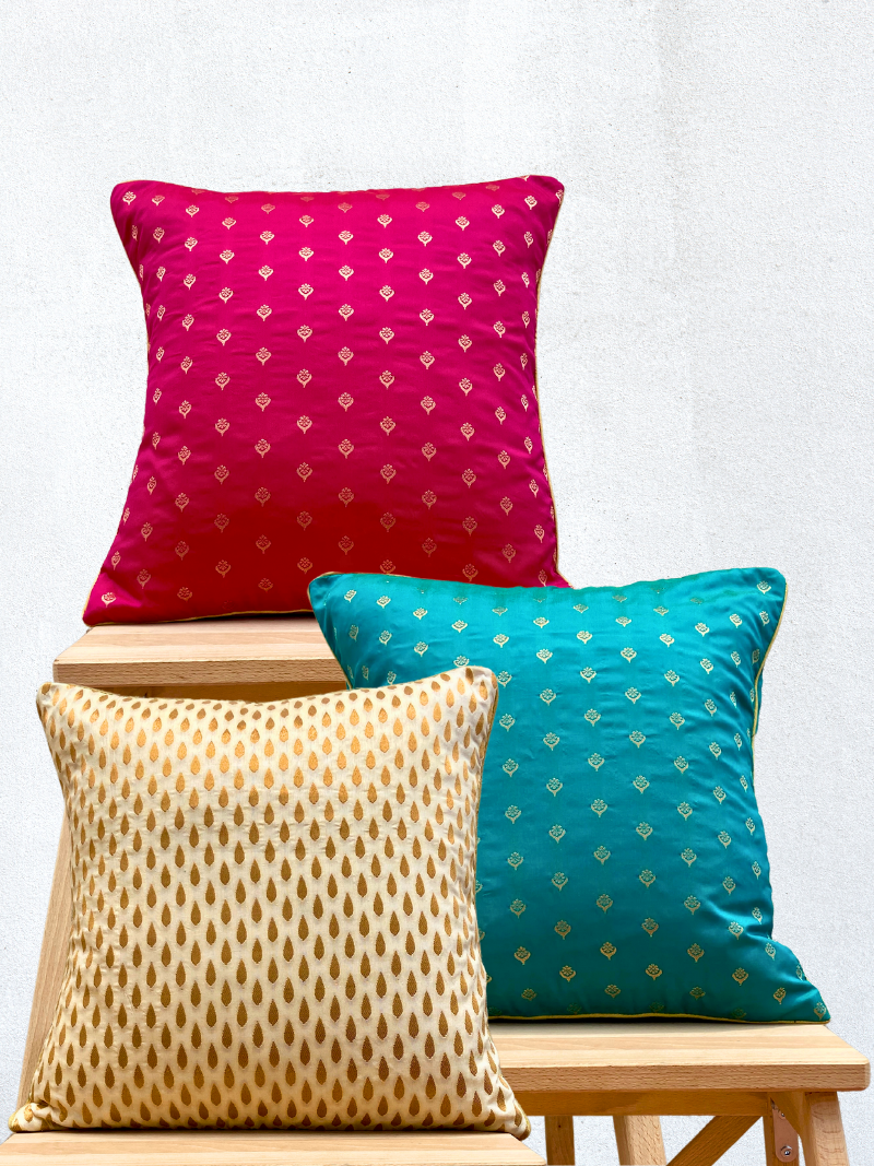 Festive Pink, Teal & Tear Drop Gold Cream Cushion Cover Combo