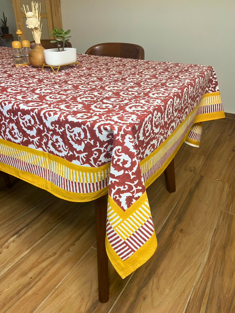 100% Cotton Block Print Table Cloth for 6 seater dining - Maroon Waves Modern