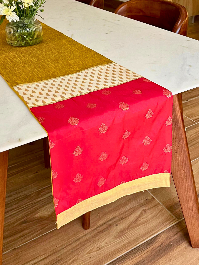 Festive Elegant Table Runner for 6 or 8 seater dining - Mustard with Red Border
