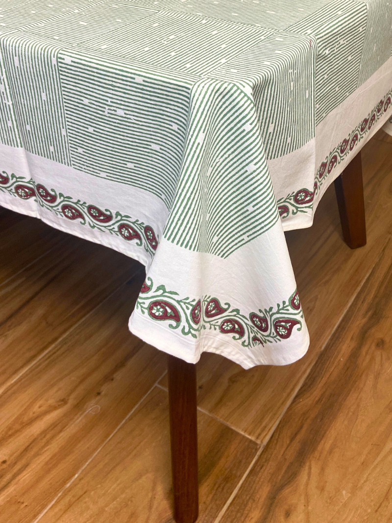 100% Cotton Block Print Table Cloth for 6 seater dining - Hatched Pattern Green