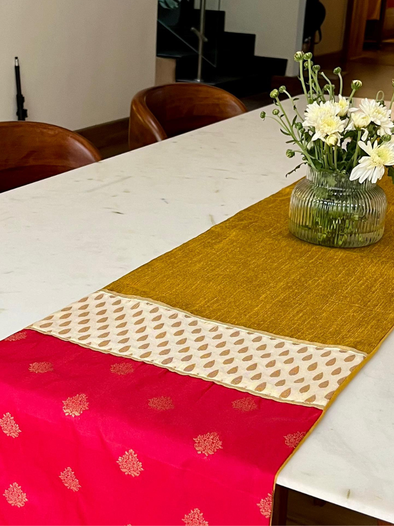 Festive Elegant Table Runner for 6 or 8 seater dining - Mustard with Red Border