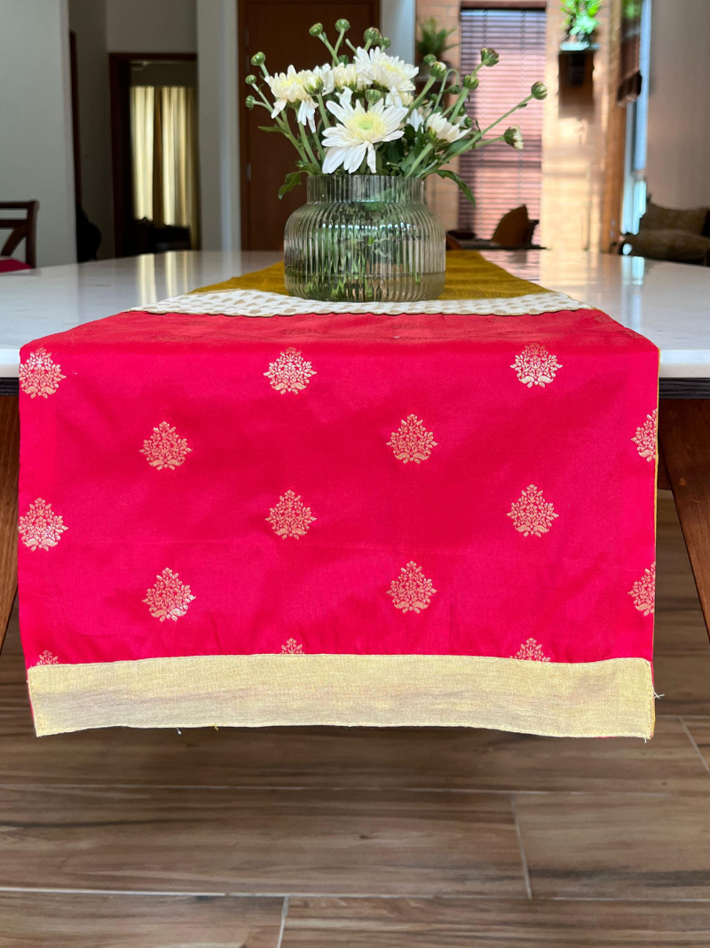 Festive Elegant Table Runner for 6 or 8 seater dining - Mustard with Red Border