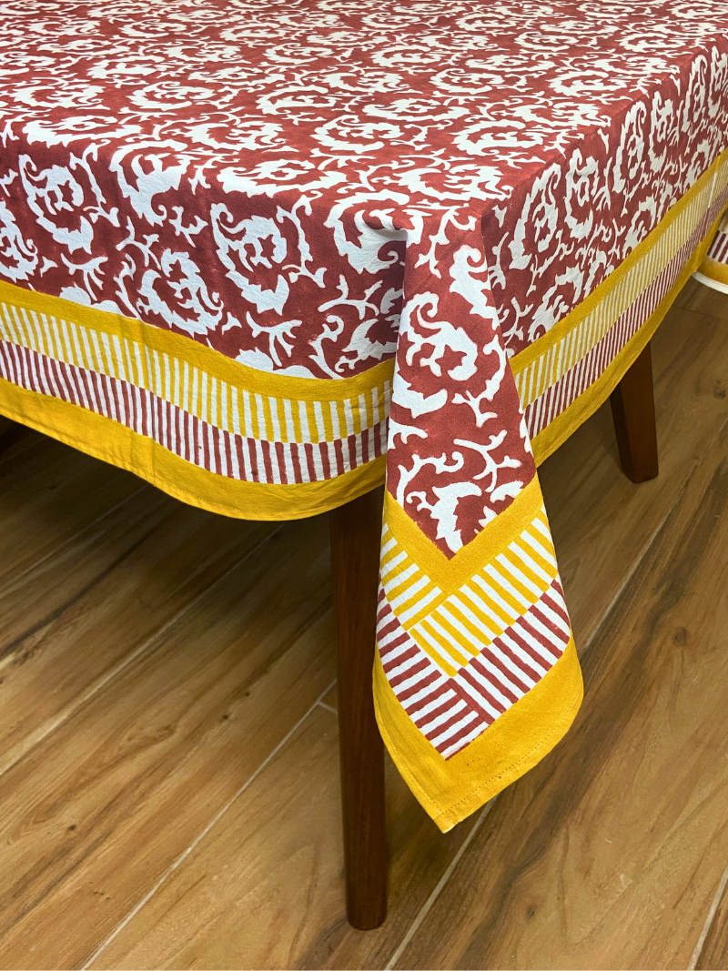 100% Cotton Block Print Table Cloth for 6 seater dining - Maroon Waves Modern