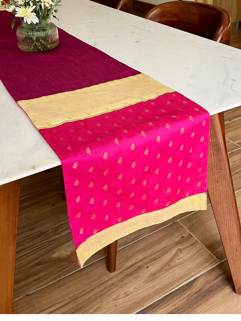 Festive Elegant Table Runner for 6 or 8 seater dining - Pink with Border