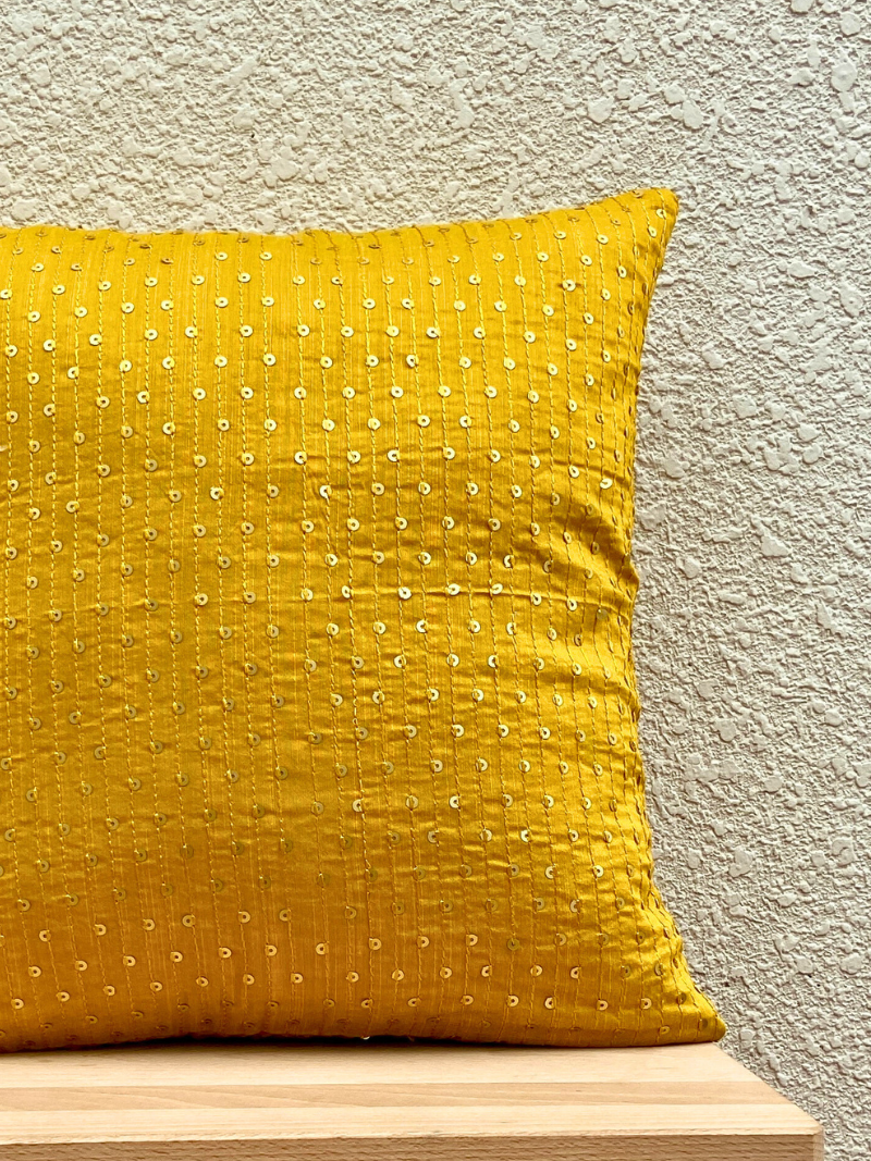 Festive Mustard Yellow with sequins Lines cushion cover 16 x 16 inches