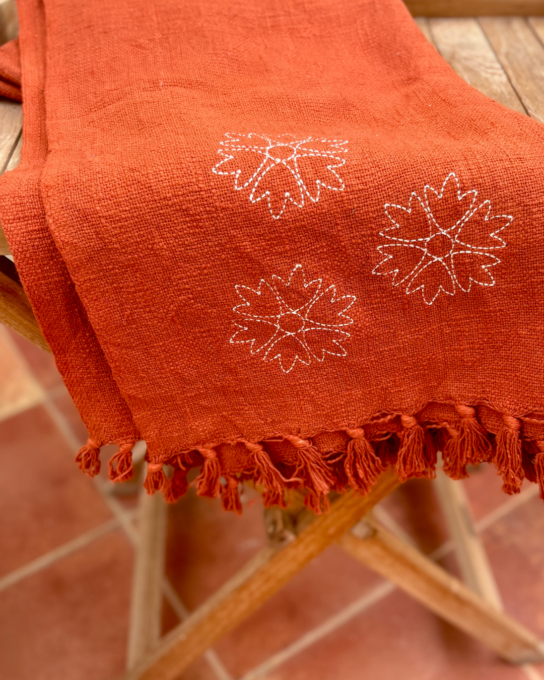 Sofa Throw with Embroidered Flower - Cayenne