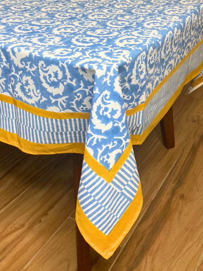 100% Cotton Block Print Table Cloth for 6 and 8 seater dining - Light Blue Waves Modern