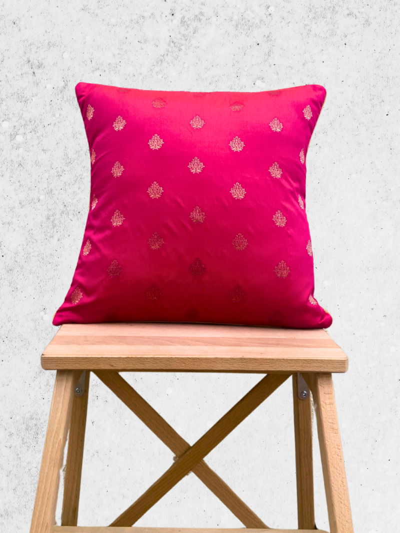 Festive Pink with Beautiful Muted Gold Motif cushion covers 16 x 16 inches