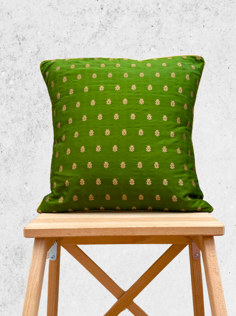 Festive Olive Green with Muted Gold Motif cushion covers 16 x 16 inches