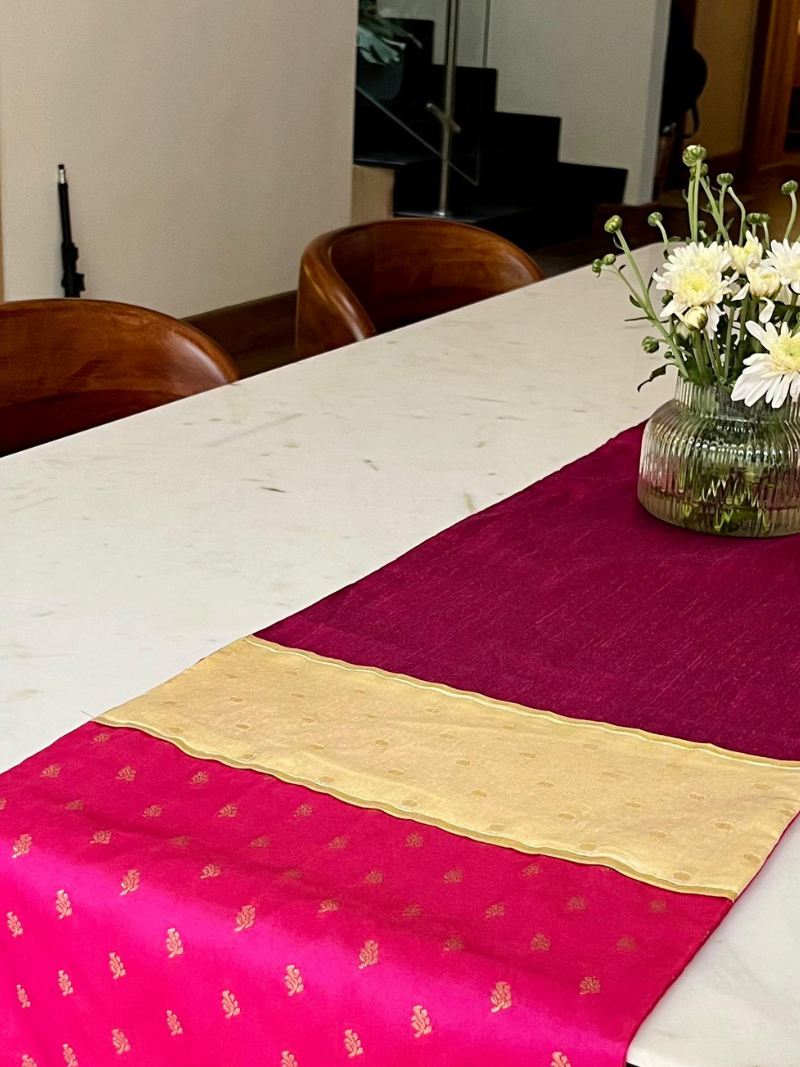 Festive Elegant Table Runner for 6 or 8 seater dining - Pink with Border