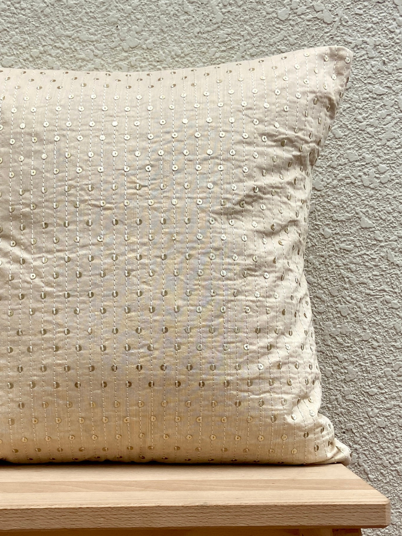 Festive Cream with sequins Lines cushion cover 16 x 16 inches