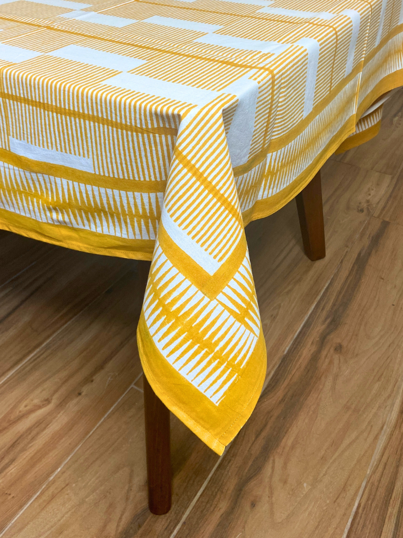 100% Cotton Block Print Table Cloth for 8 seater dining - Mustard Brick Style