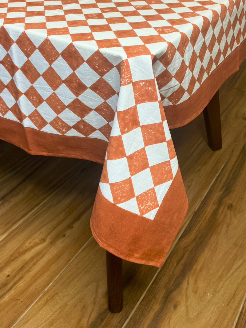 100% Cotton Block Print Table Cloth for 6 seater dining - Minimalistic Rust Diamond