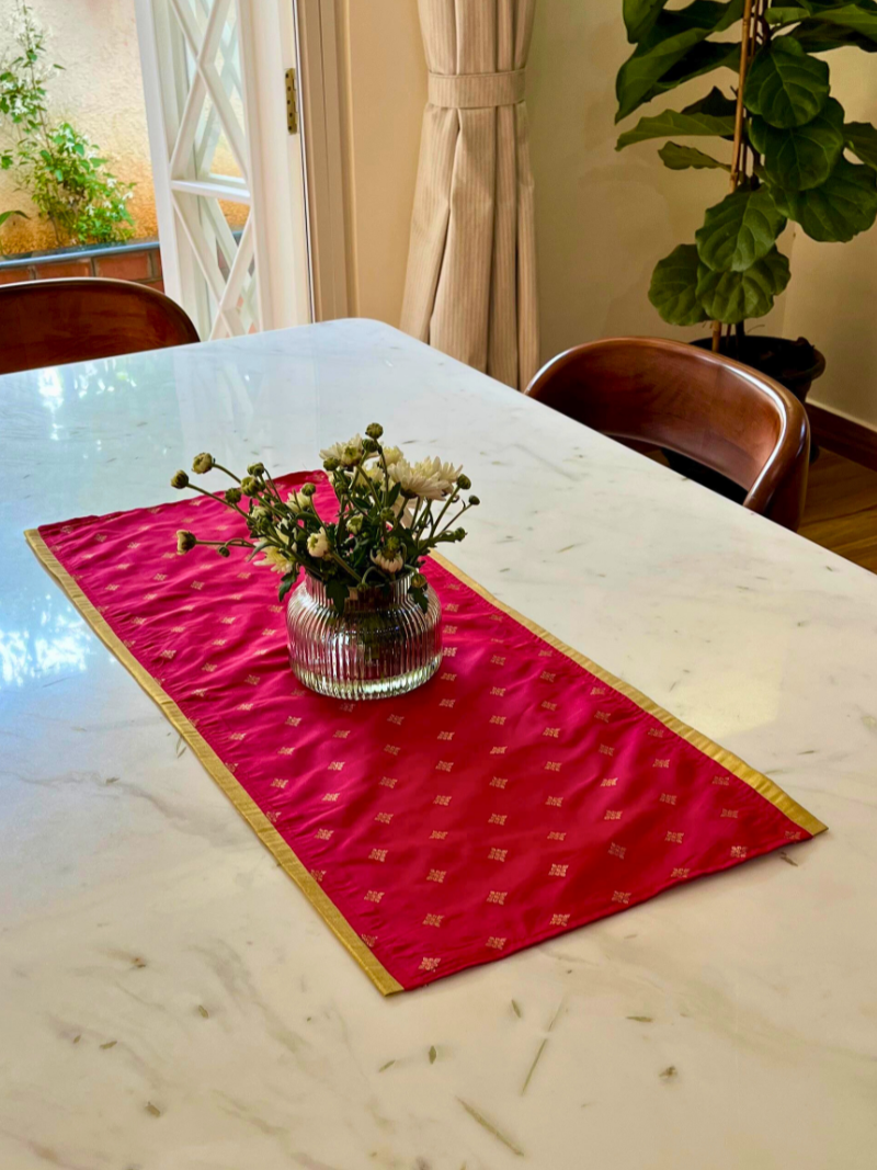 Festive Table Runner Small Size for Dining and Center Table - Rani Pink with Muted Gold Buti