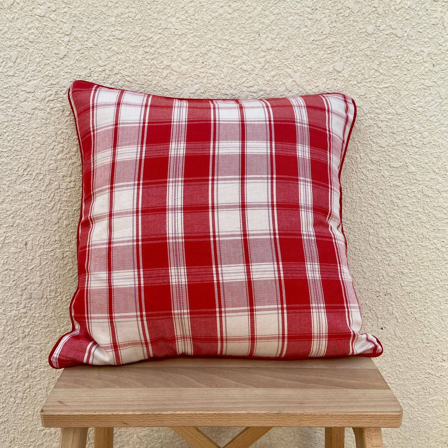 Off white with Red tartan print cushion cover 16 x 16 inches