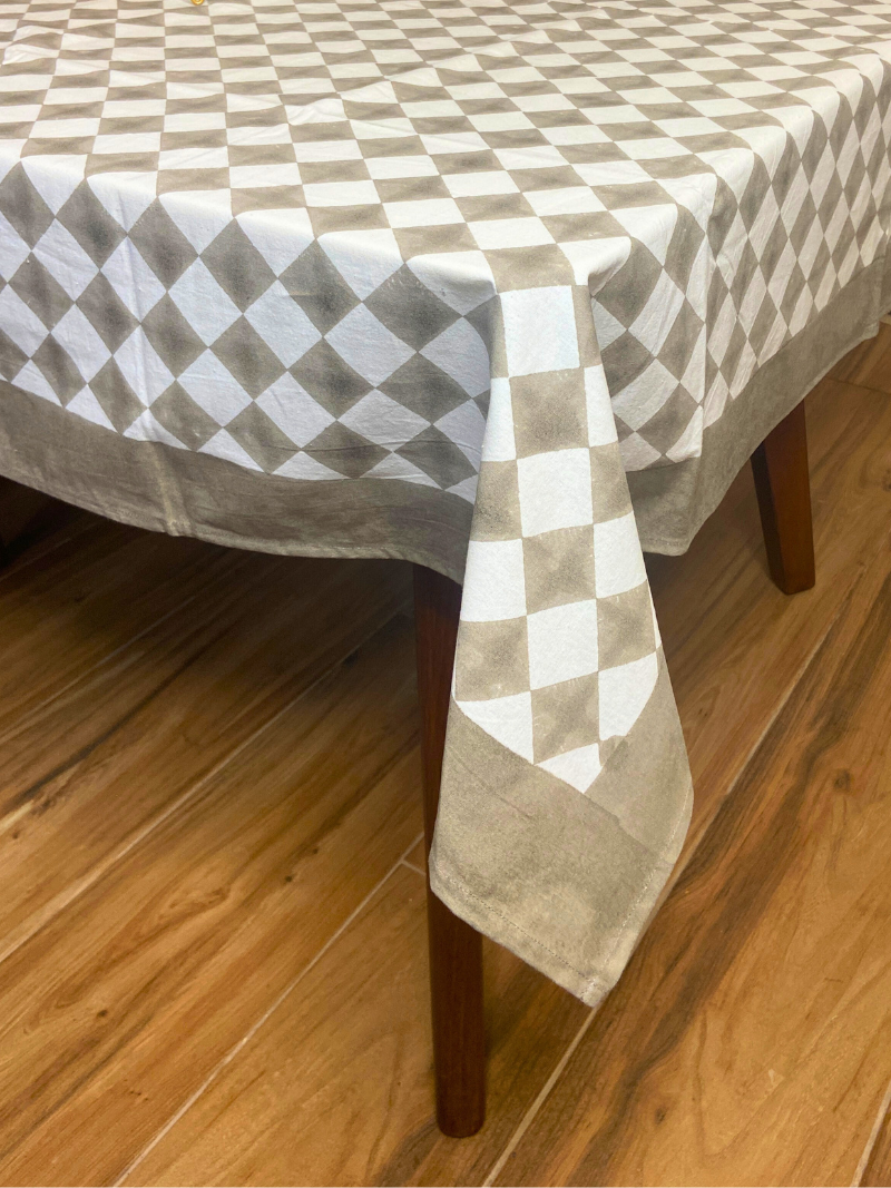 100% Cotton Block Print Table Cloth for 6 seater dining - Minimalistic Grey Diamond