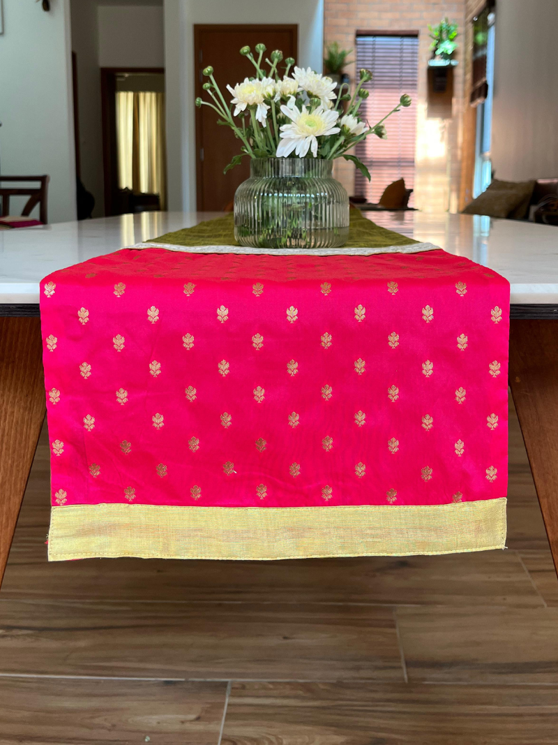 Festive Elegant Table Runner for 6 or 8 seater dining - Green with Pink Border