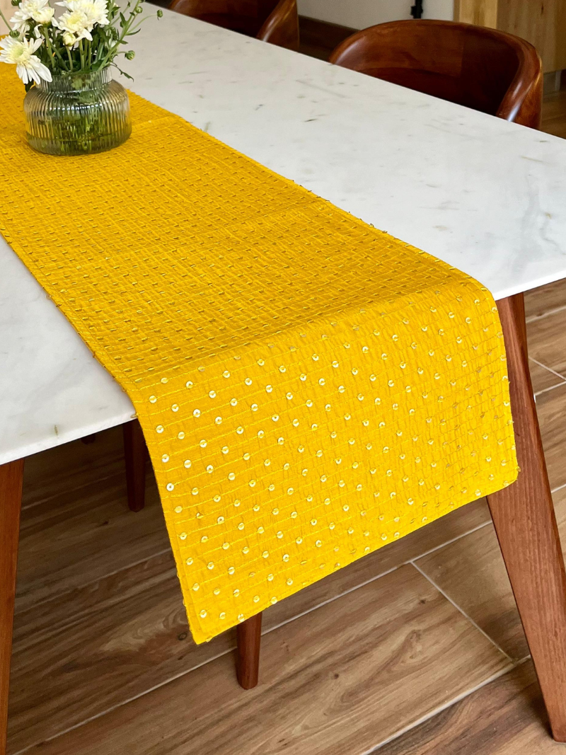 Festive Table Runner for 6 or 8 seater dining - Mustard Yellow with Sequins