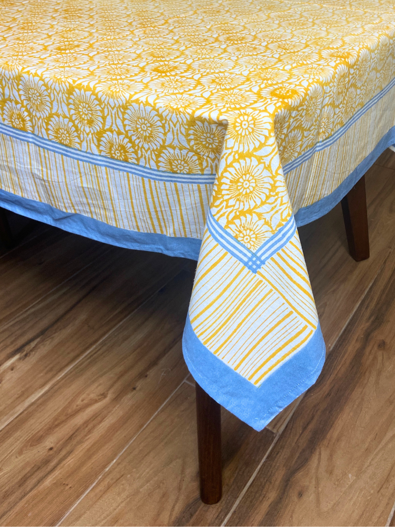 100% Cotton Block Print Table Cloth for 8 seater dining - Sun Flower Mustard