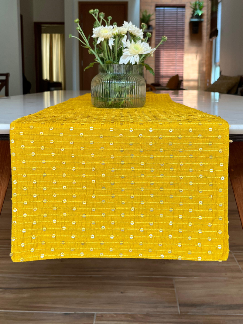 Festive Table Runner for 6 or 8 seater dining - Mustard Yellow with Sequins