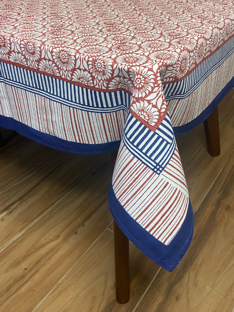 100% Cotton Block Print Table Cloth for 8 seater dining - Rust Flowers