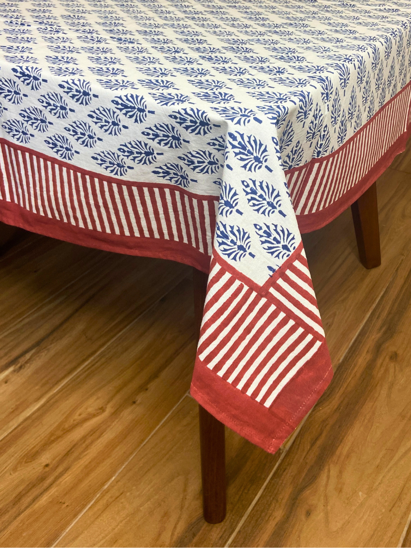 100% Cotton Block Print Table Cloth for 8 seater dining - Ink Blue leaf Modern