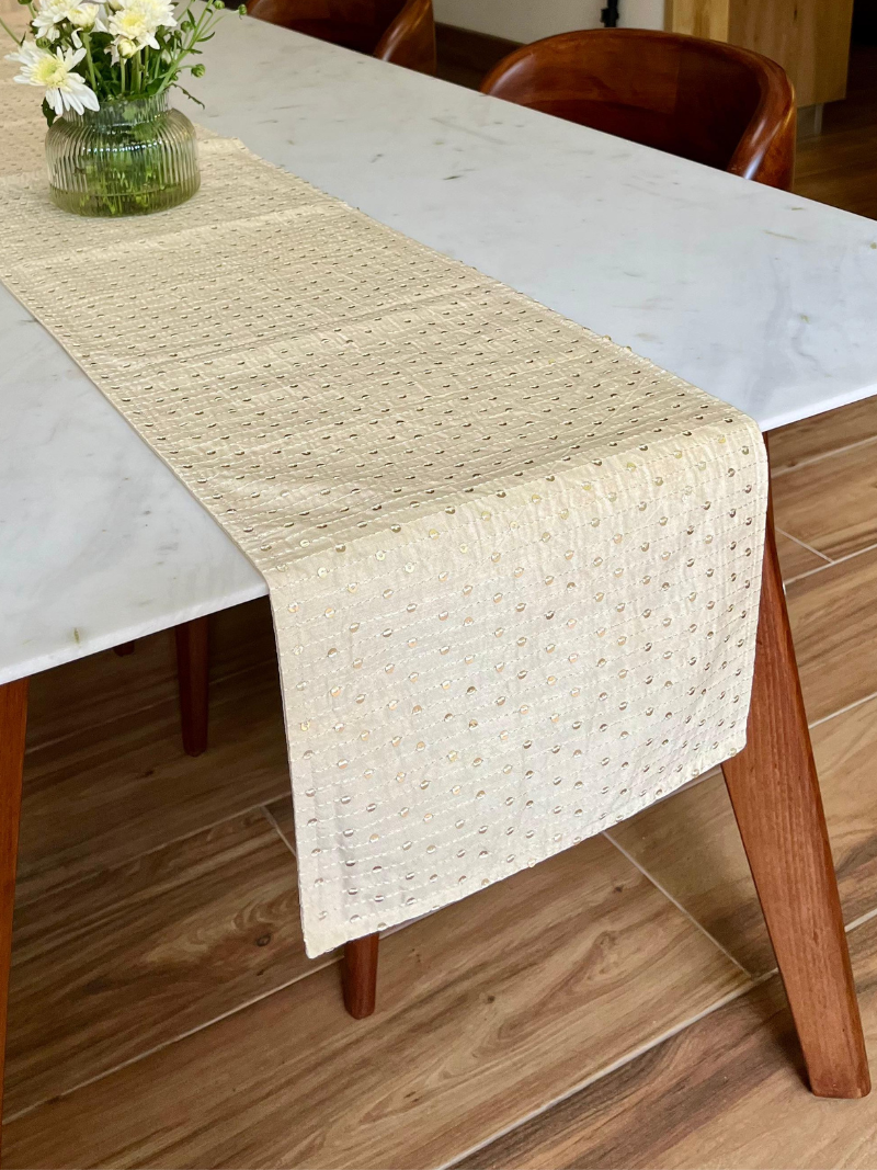 Festive Table Runner for 6 or 8 seater dining - Cream with Sequins