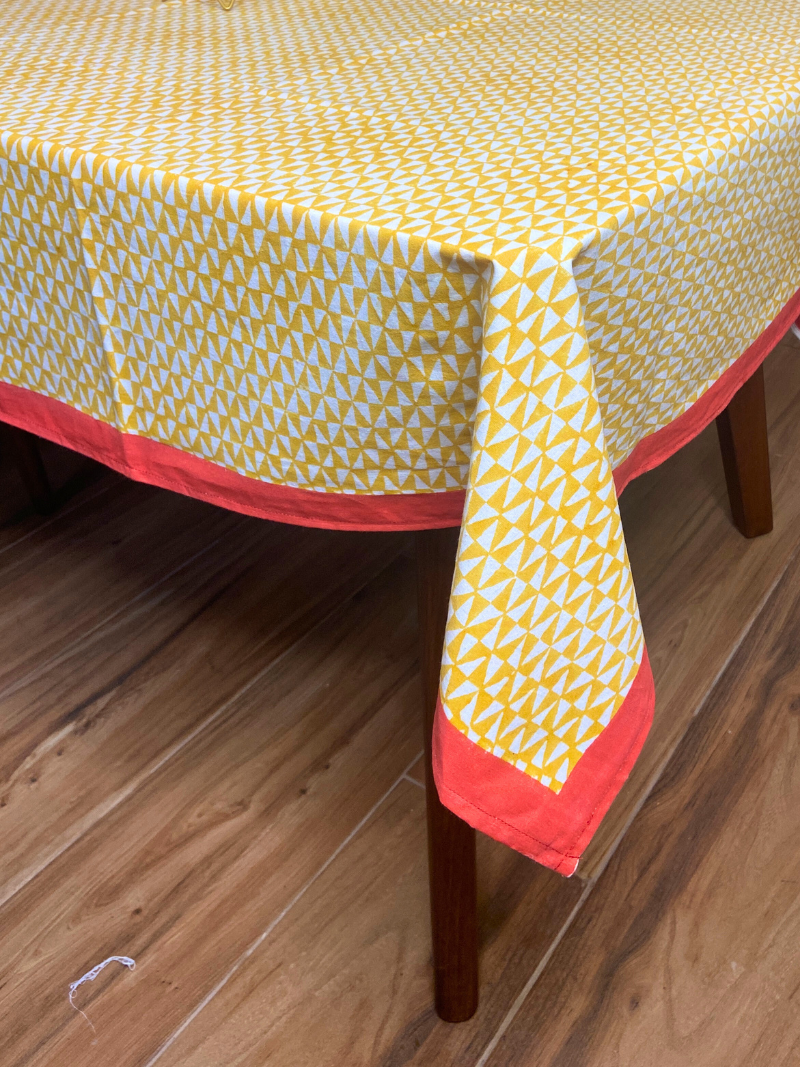 100% Cotton Block Print Table Cloth for 8 seater dining - Mustard Geometric