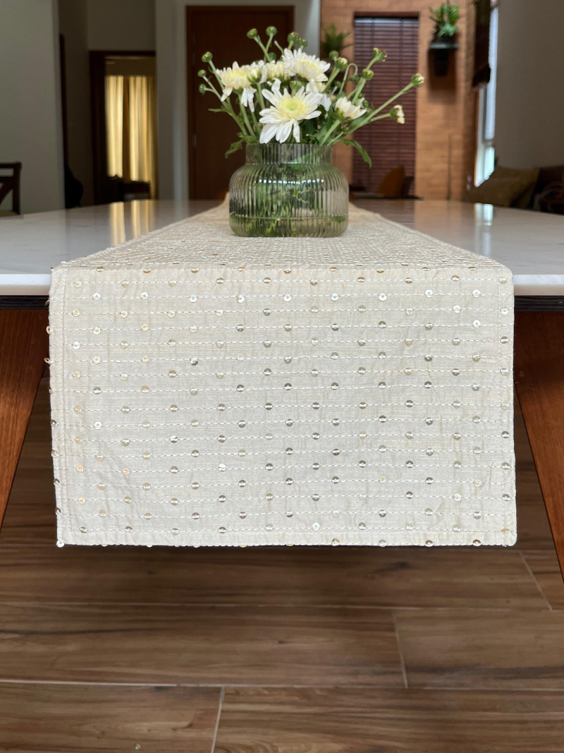 Festive Table Runner for 6 or 8 seater dining - Cream with Sequins
