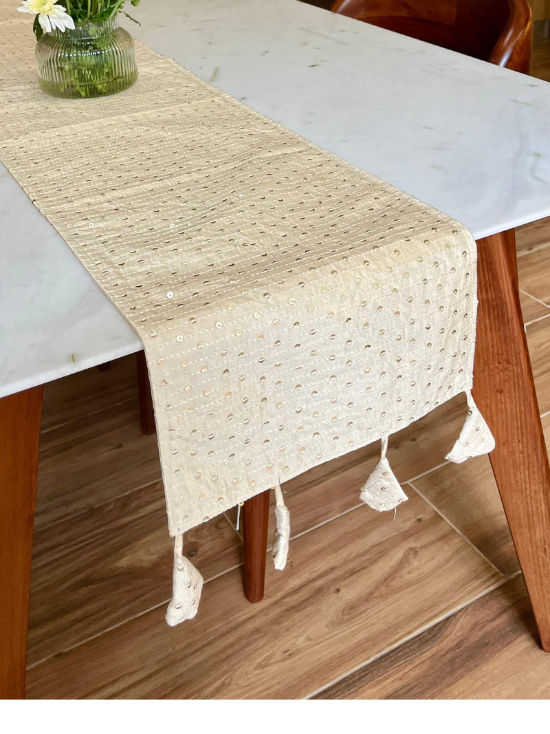 Festive Table Runner for 6 seater dining - Cream with Sequins and Latkan
