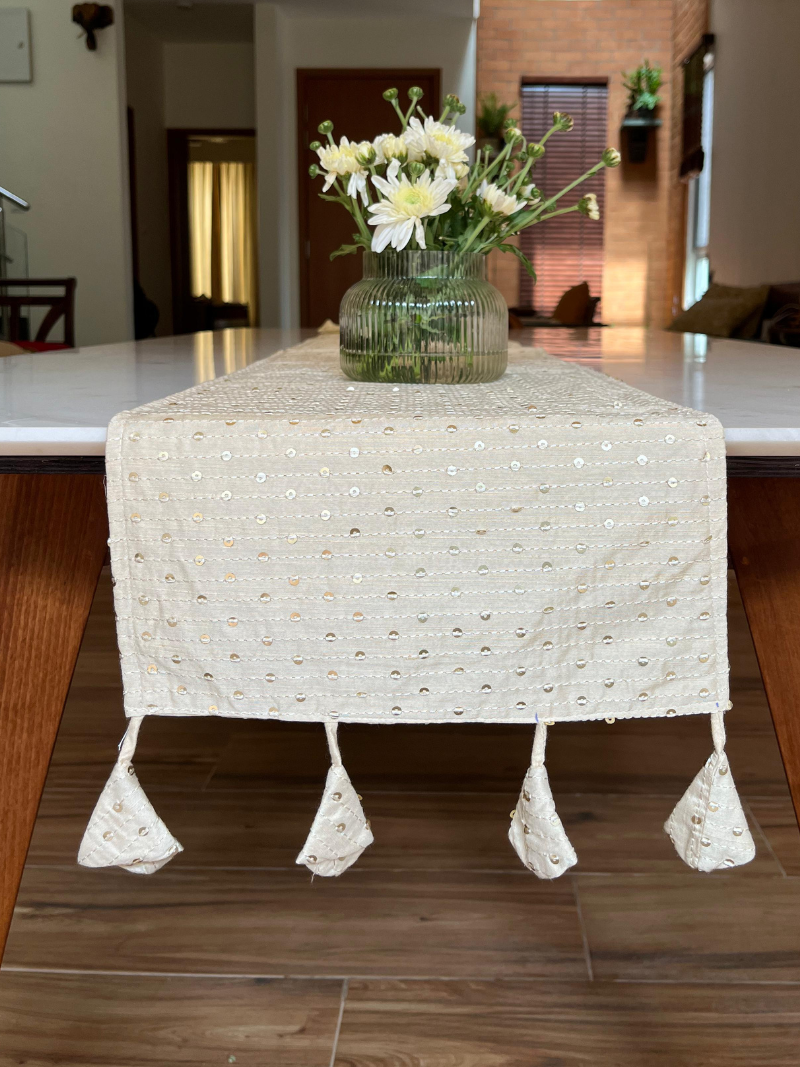 Festive Table Runner for 6 seater dining - Cream with Sequins and Latkan