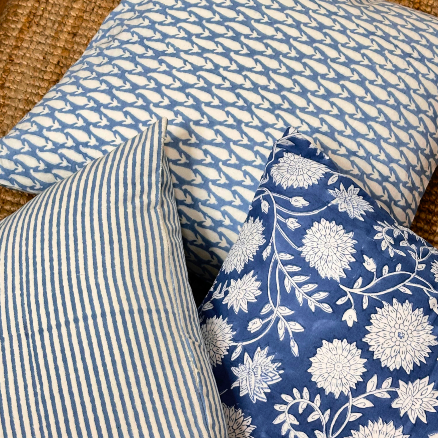 Hand Block Printed Premium Cushion Covers Set for Sofa, Living Room, Bedroom Size 20" x20" - Blue