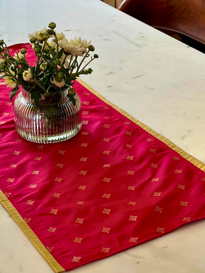 Festive Table Runner Small Size for Dining and Center Table - Rani Pink with Muted Gold Buti