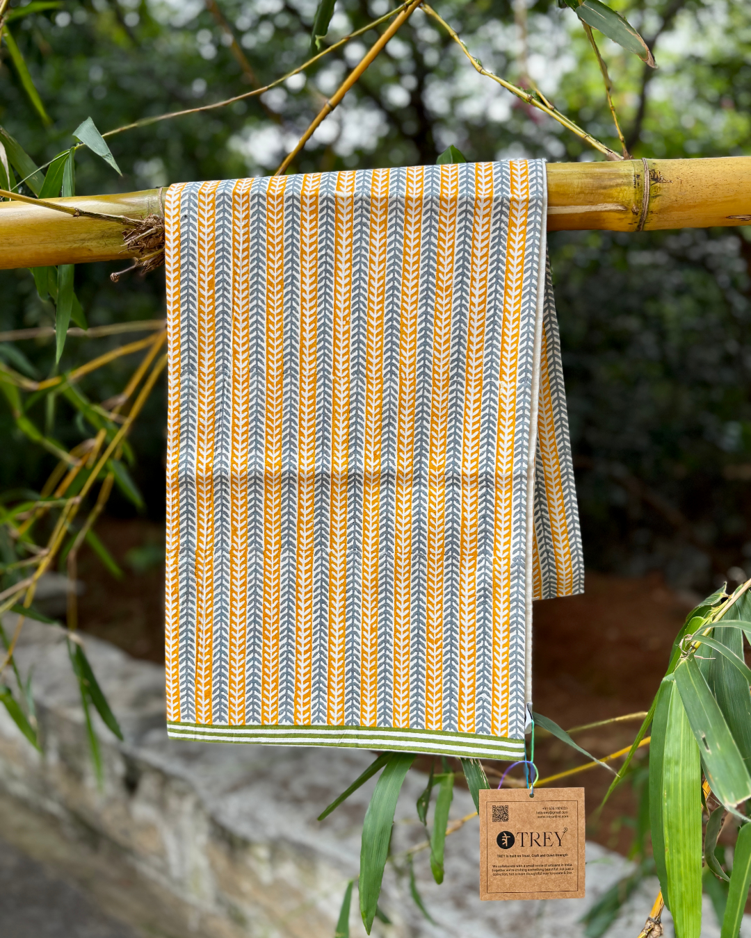 Classic Block Print Table Runner for 6 or 8 seater dining - Grey and Mustard Leafy Stripes