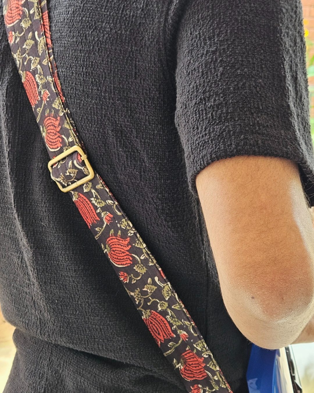 Boho Guitar Strap Shoulder Strap - Black and Red Ethnic Vintage Look with Leather