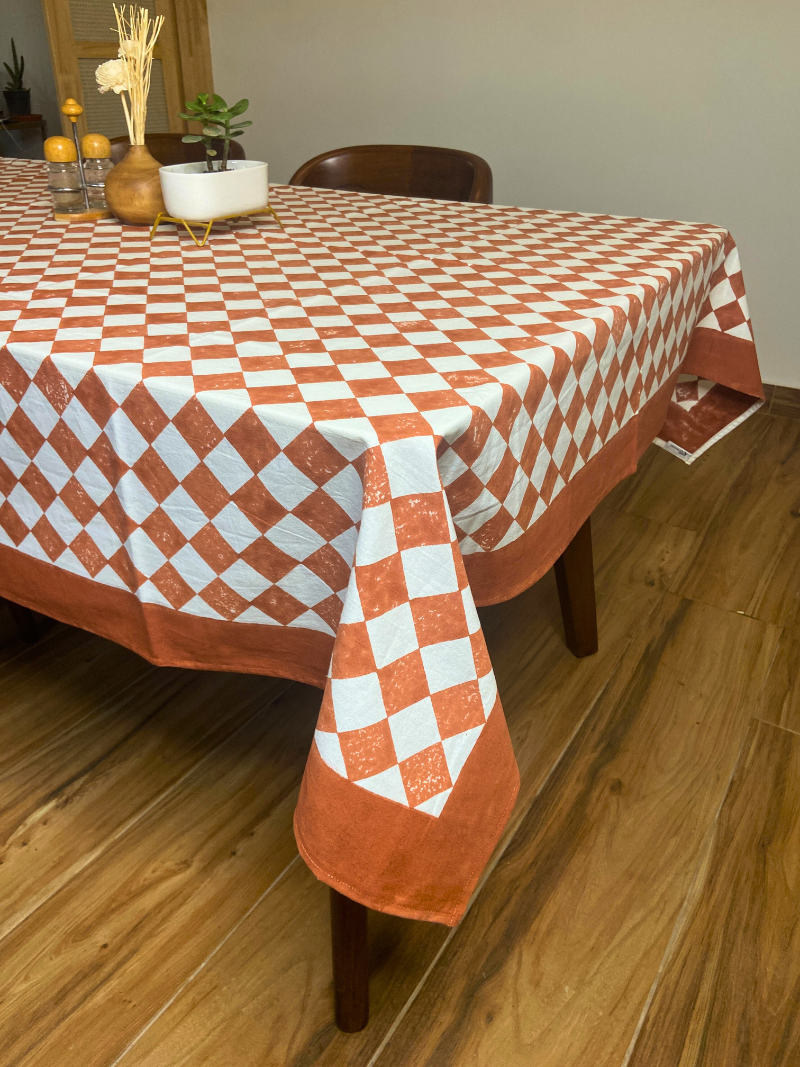 100% Cotton Block Print Table Cloth for 6 seater dining - Minimalistic Rust Diamond