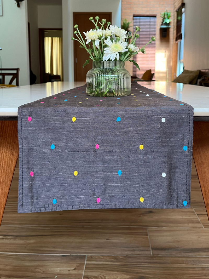 Grey multi coloured polka dot Table Runner for 6 seater or 8 seater dining
