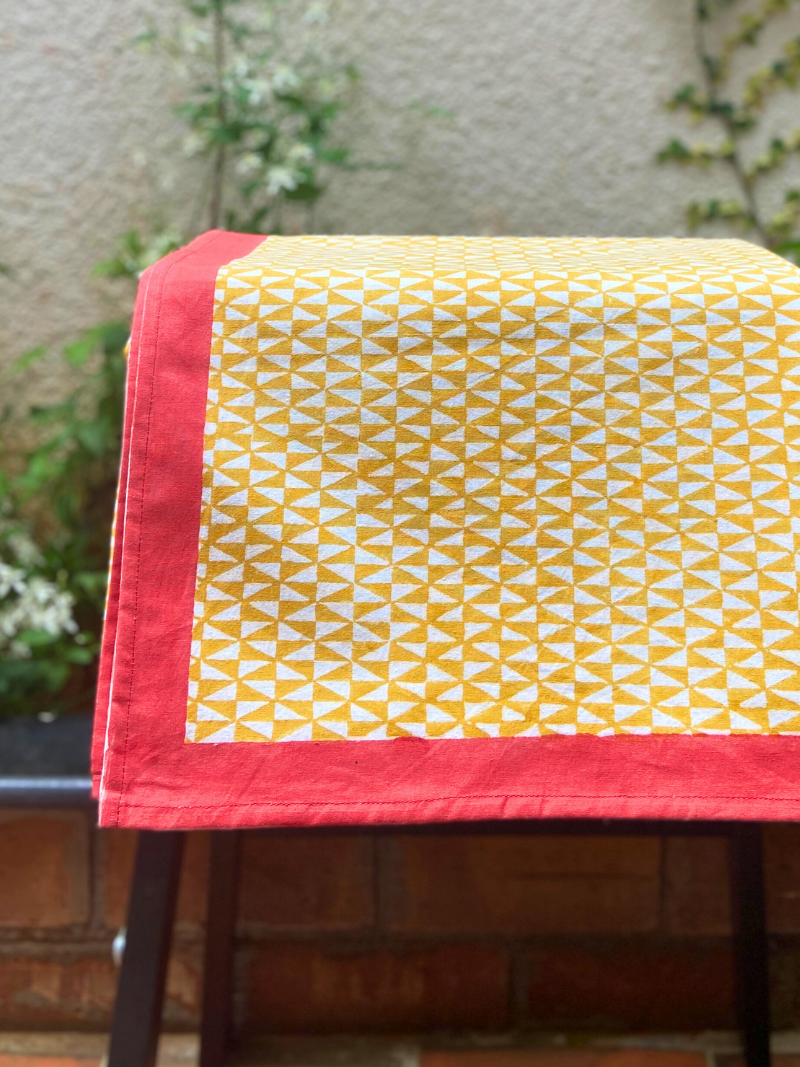 100% Cotton Block Print Table Cloth for 8 seater dining - Mustard Geometric