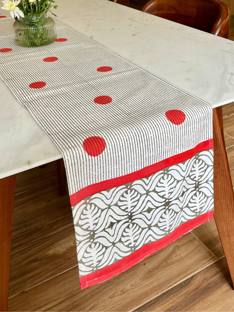Classic Block Print Table Runner for 6 or 8 seater dining - Grey Stripes with Red Dots