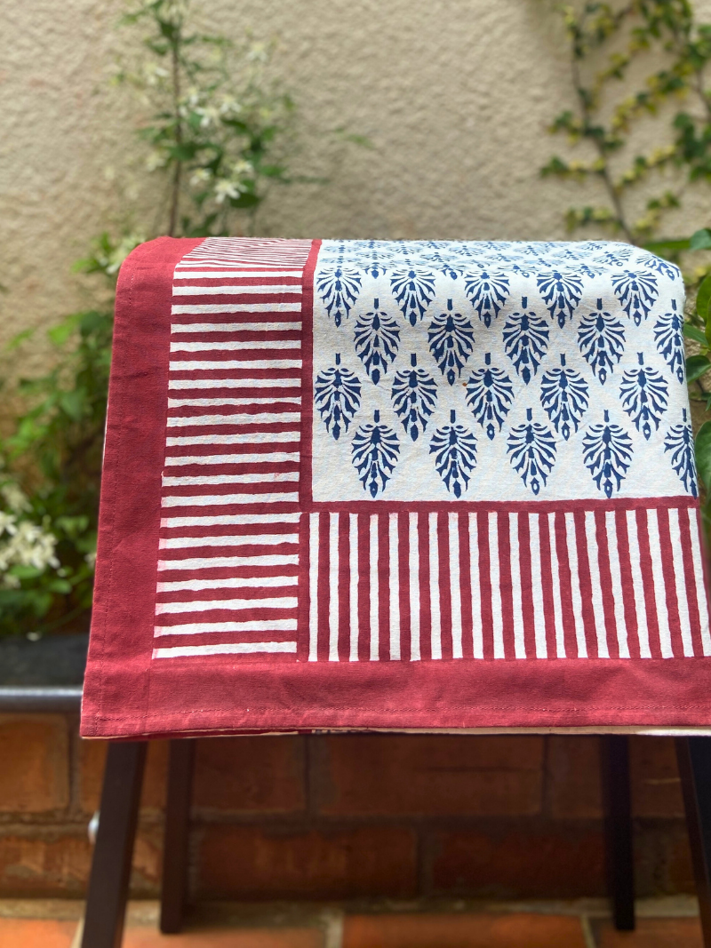 100% Cotton Block Print Table Cloth for 8 seater dining - Ink Blue leaf Modern