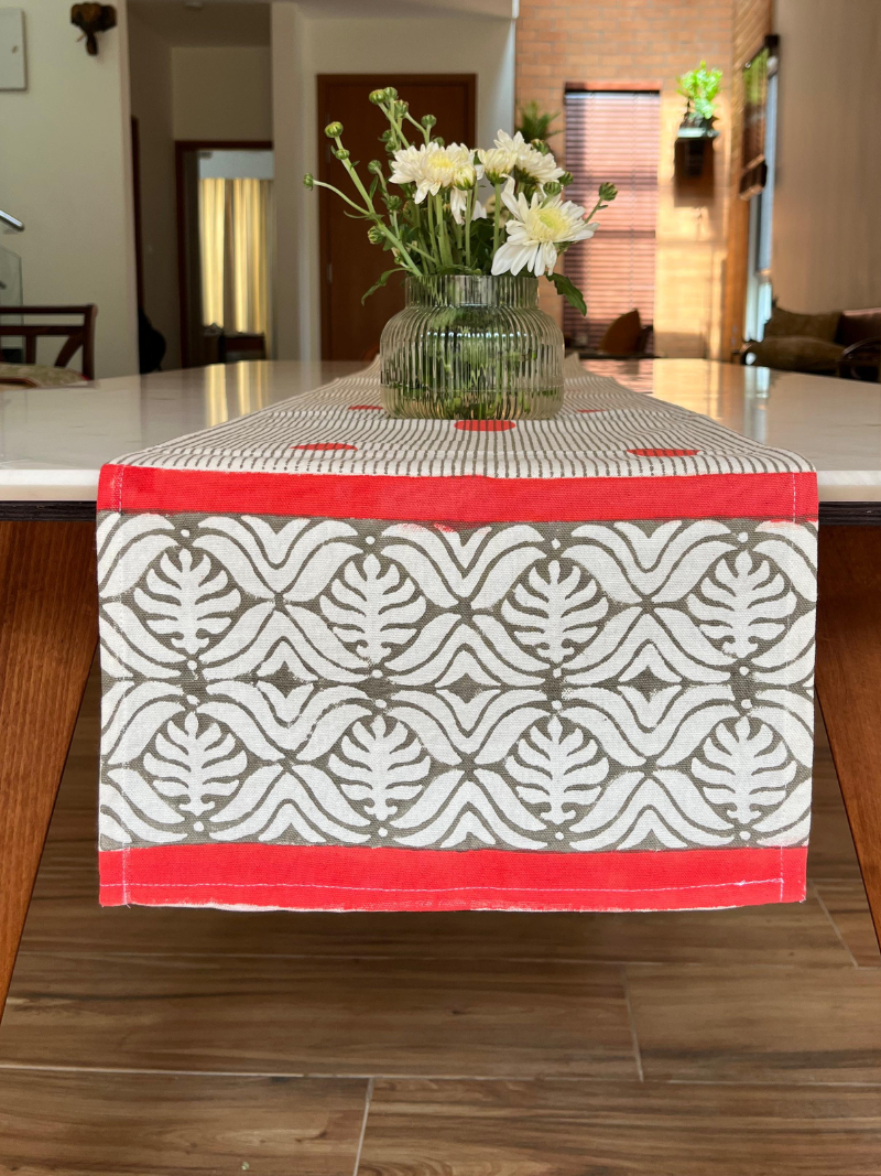 Classic Block Print Table Runner for 6 or 8 seater dining - Grey Stripes with Red Dots