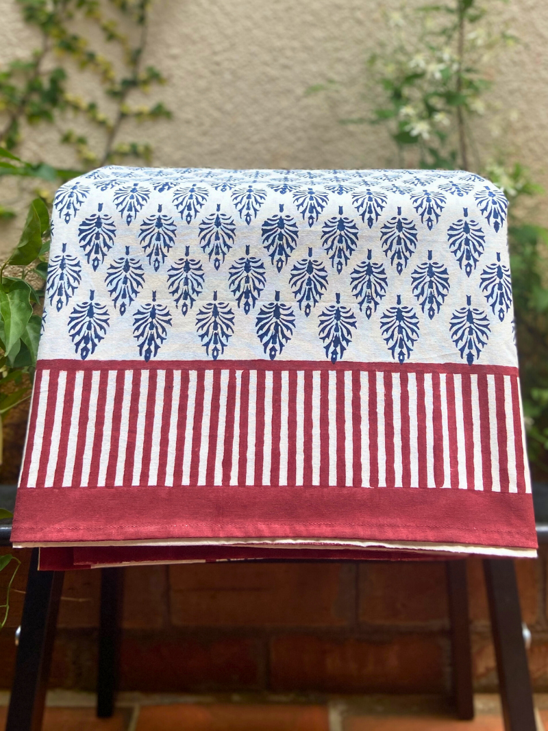 100% Cotton Block Print Table Cloth for 8 seater dining - Ink Blue leaf Modern