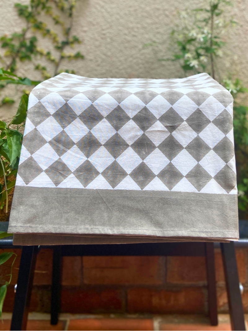 100% Cotton Block Print Table Cloth for 6 seater dining - Minimalistic Grey Diamond