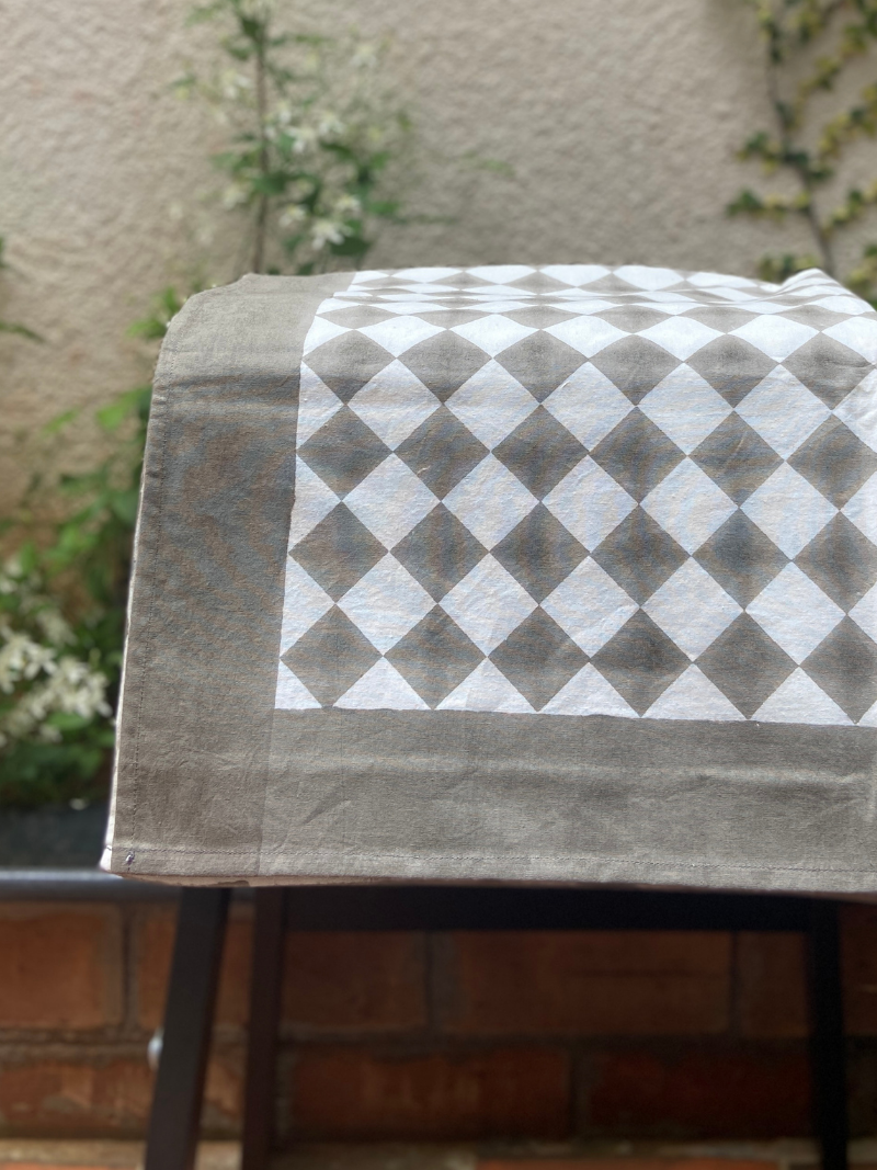 100% Cotton Block Print Table Cloth for 6 seater dining - Minimalistic Grey Diamond