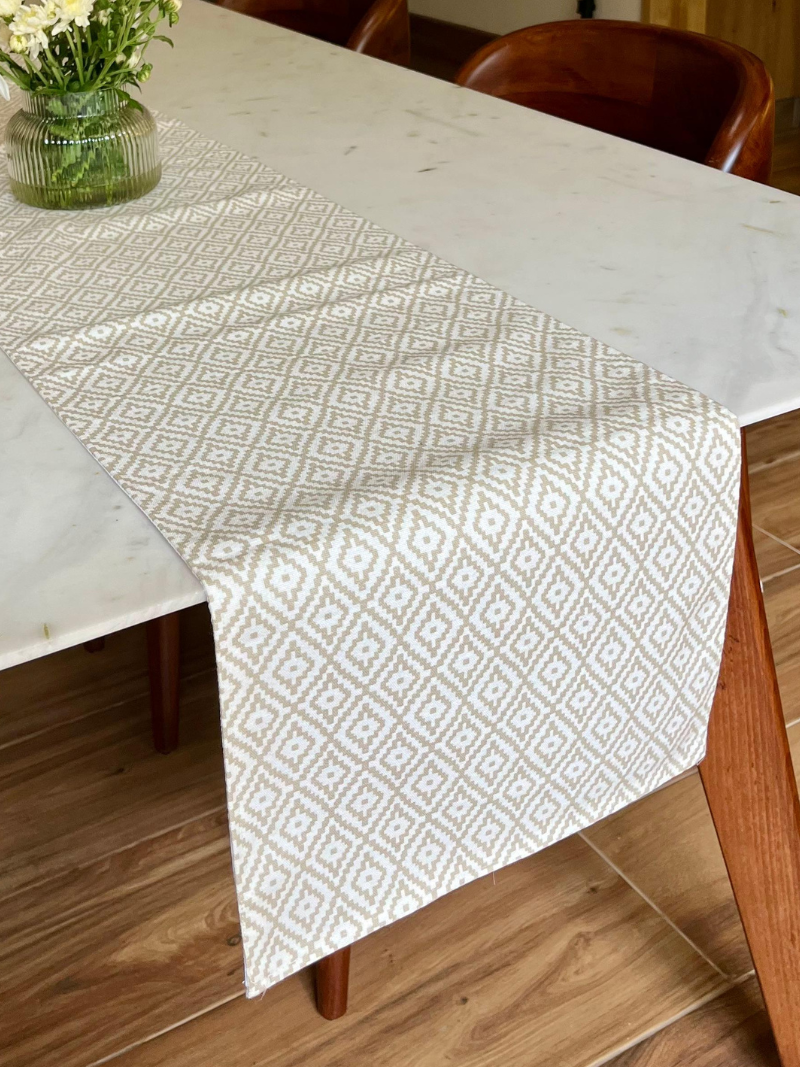 Classic Table Runner for 6 or 8 seater dining - Cream with Diamond Print